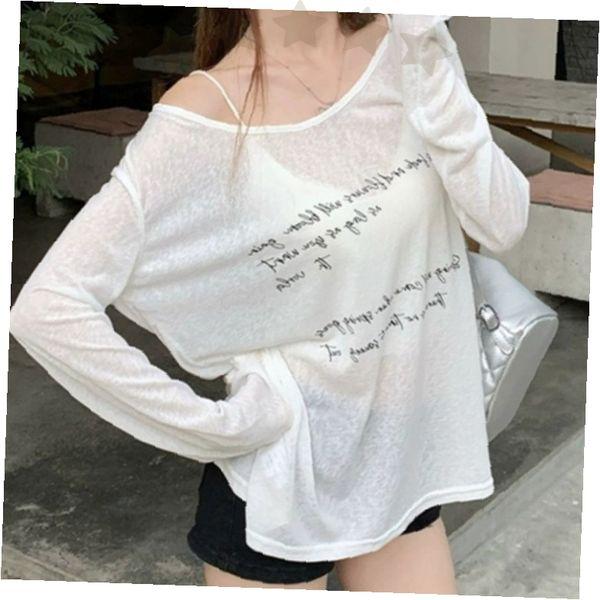 ホワイト 長袖 Tシャツ 英字プリント レディース トップス ラウンドネック カジュアル デイリールック 春 秋