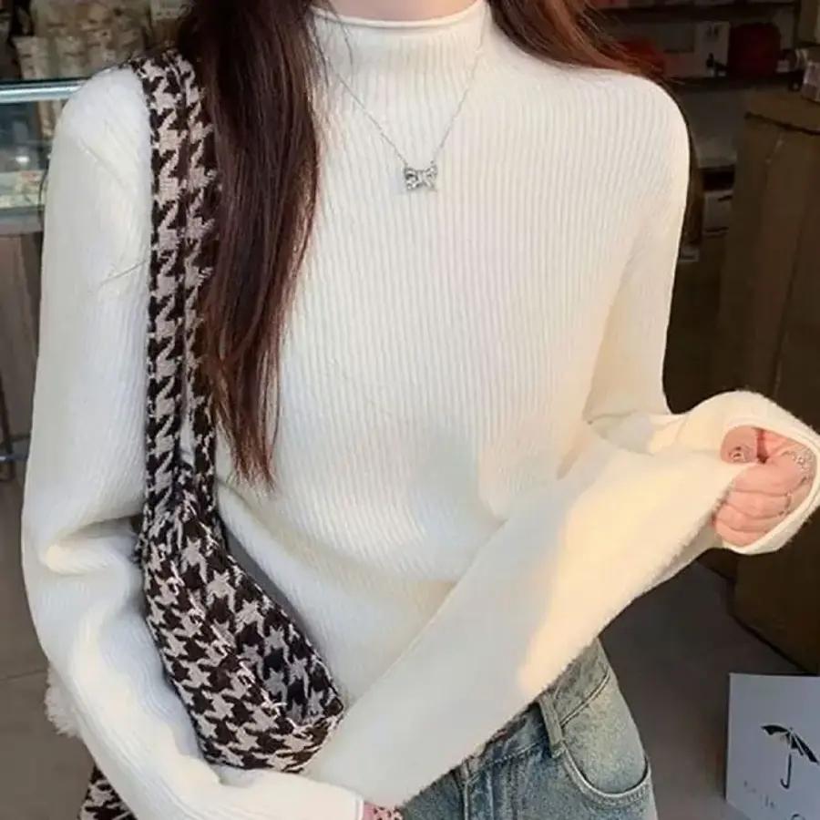 ハイネック スリムライン リブニット 起毛 Tシャツ、ハーフネックTシャツ、無地Tシャツ、レディーストップス