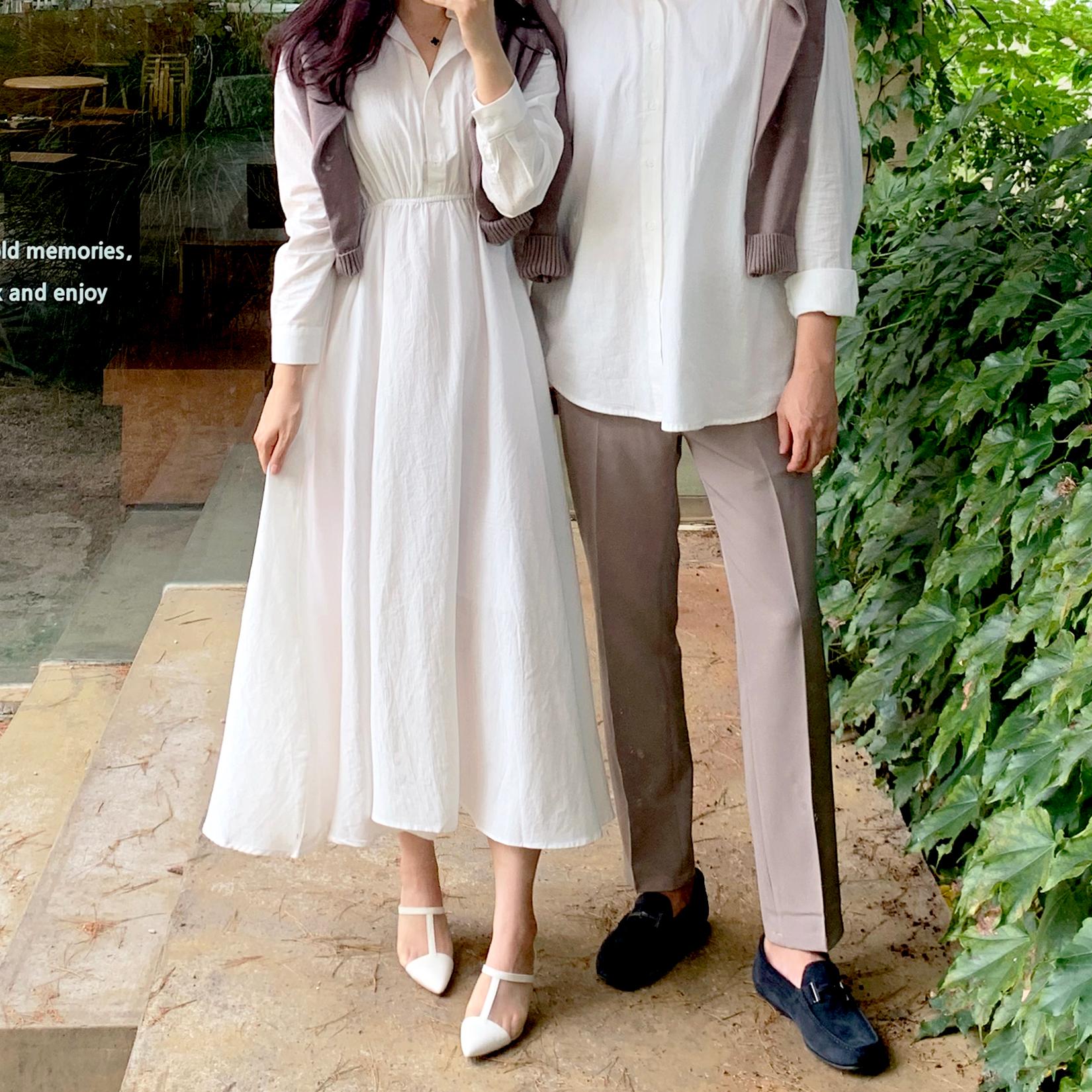 オーガニック ホワイト シャツ フレア ロングワンピース 春 秋 カップル シミラーック