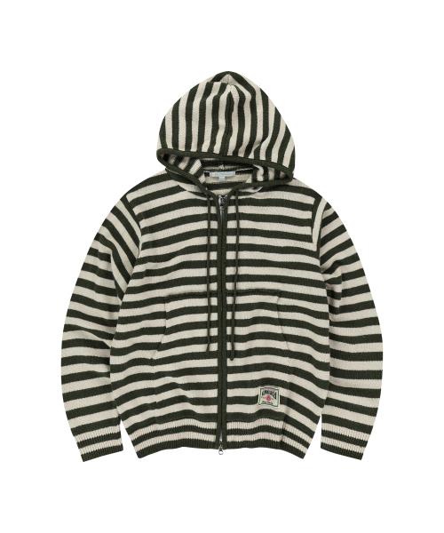 [슬로우애시드] ストライプ ニット フードジップアップ [カーキ] SL-24SS-O1-KK