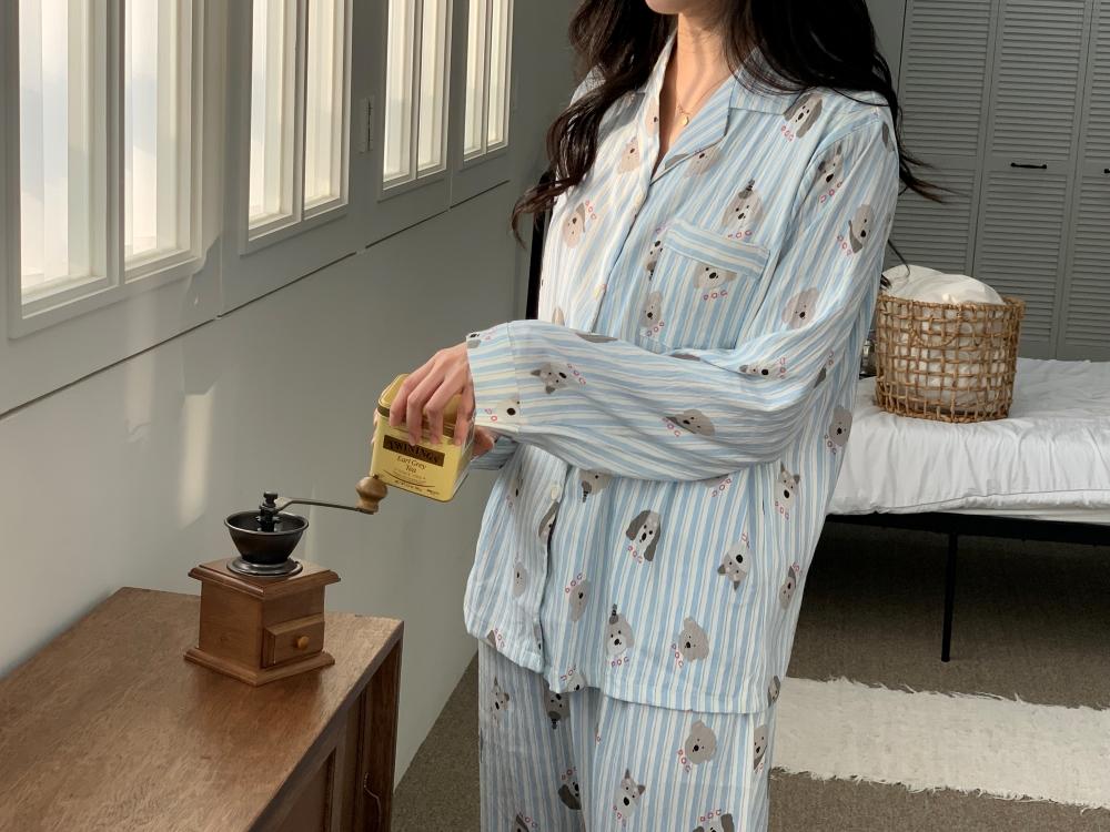 ノーブラ コットン100% ブルー GANADI ストライプ ツーピース ホームウェア パジャマセット