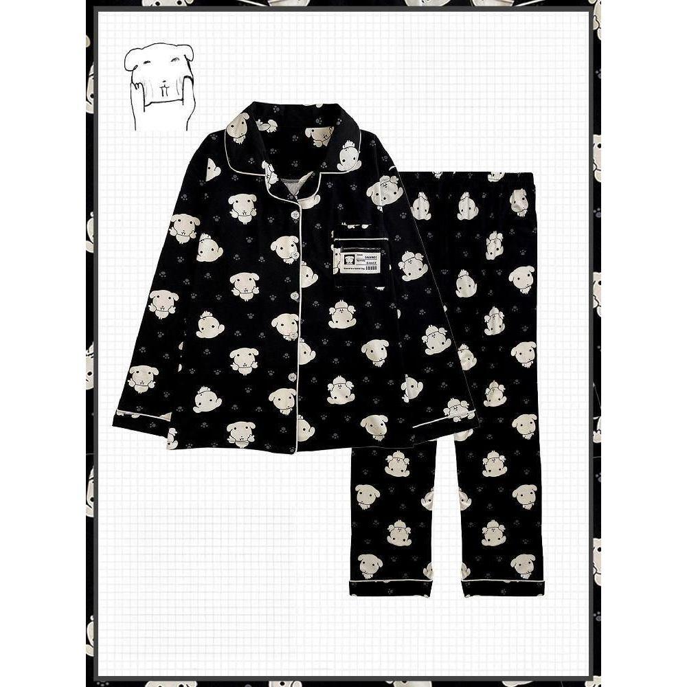 GANADI ブラック 犬 パジャマセット 長袖 長ズボン ホームウェア キャラクターパジャマ 春 秋