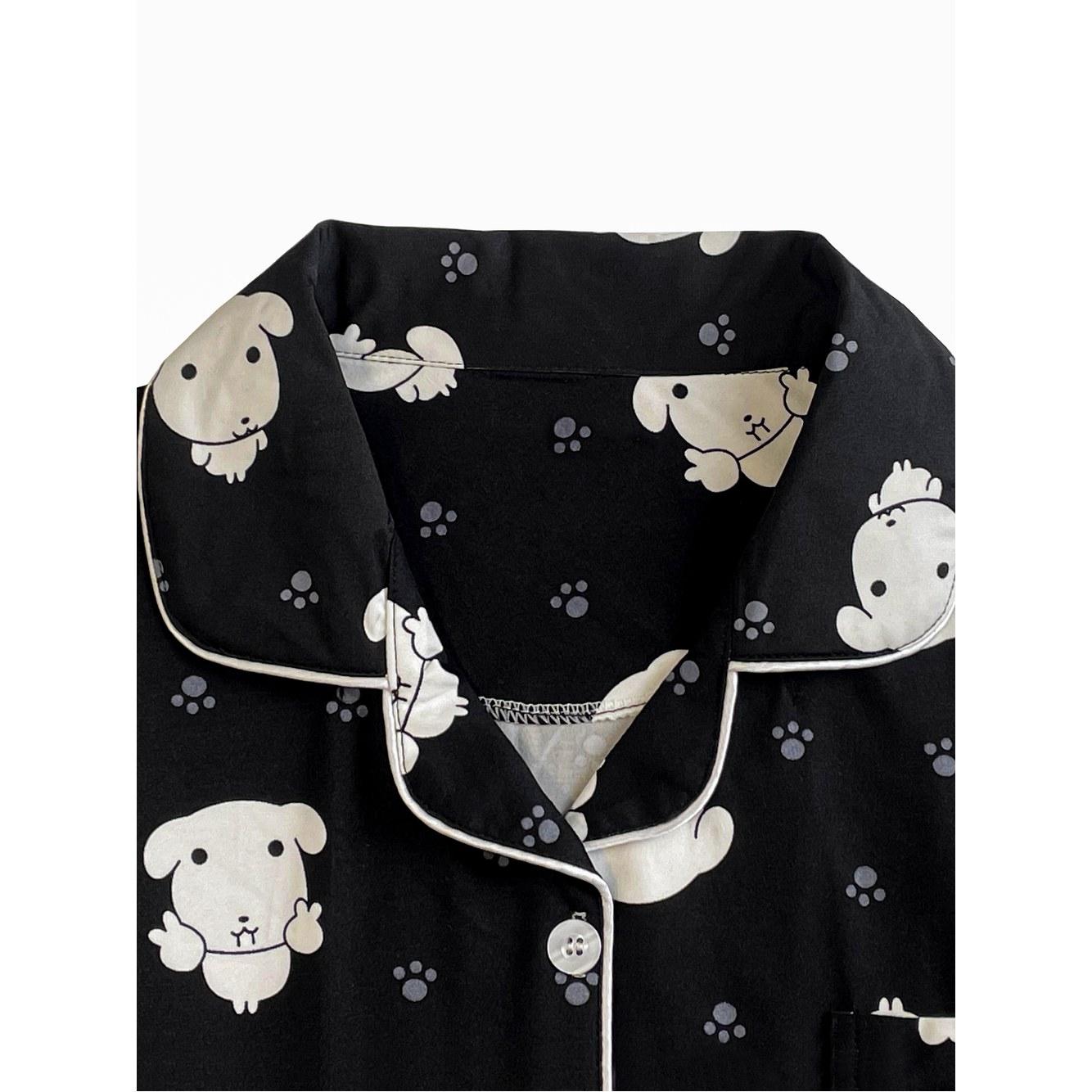 ブラック GANADI レディース パンツ パジャマ ホームウェア かわいい セット キャラクター ルーズフィット ポリエステル