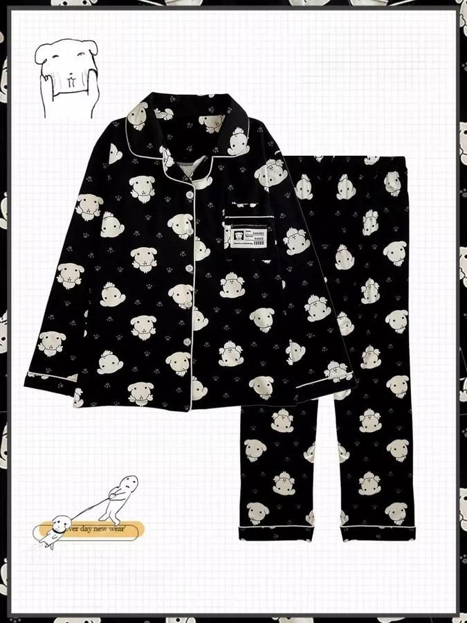 カナディ ブラック 子犬 ホームウェア 春 パジャマ 長袖 セット