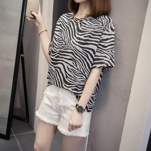 SJW 夏 ゼブラ柄 半袖Tシャツ ルーズフィット ラウンドネック コットンTシャツ レディース トップス カジュアル デイリー ストライプ