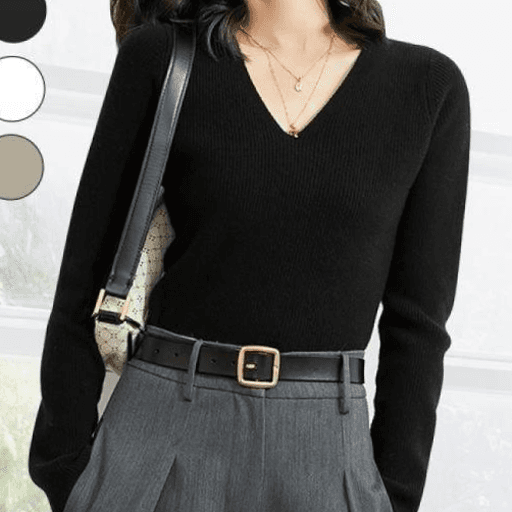 Vネック 長袖 リブTシャツ レディース 女性 スリムフィット 無地 季節の変わり目 トップス