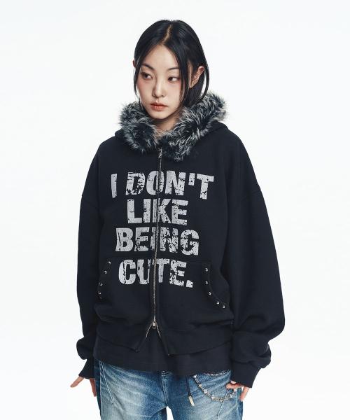 EASYNOEASY クロップ ファー フードジップアップ - ブラック ENE24FW