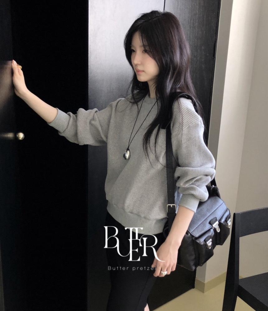 르버터 ワッフル トレーナー Tシャツ、長袖 ルーズフィット デイリー ラウンドネック コットン 3color