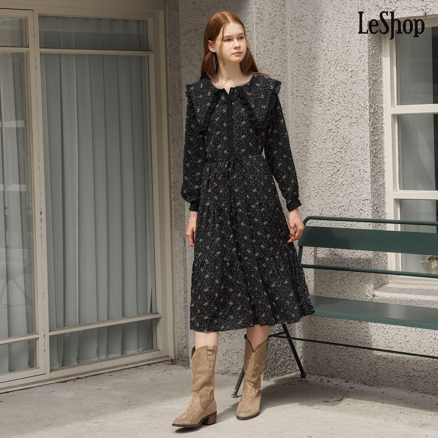 르샵 フラワーパターンフリルカラー 長袖ワンピース DP3OW023A