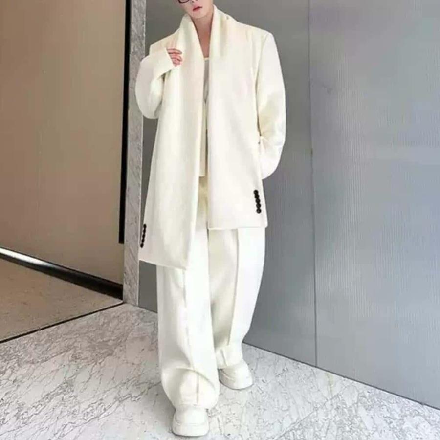 ウールジャケット ワイドパンツセット ノーカーラ ウール混 スタイルデザイン 高級 メンズ カジュアルスーツ デートルック 彼氏ルック