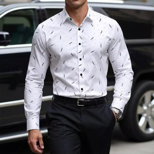 メンズ カジュアル デートルック ソリッドシャツ フェザー柄 長袖 トップス 人気1