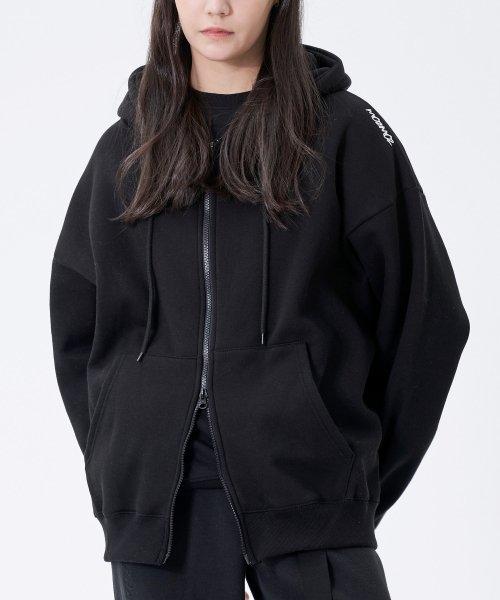 [MOZMOM] オーバーフィット 2WAY 起毛 フーディー ジップアップ ブラック mozm038bl