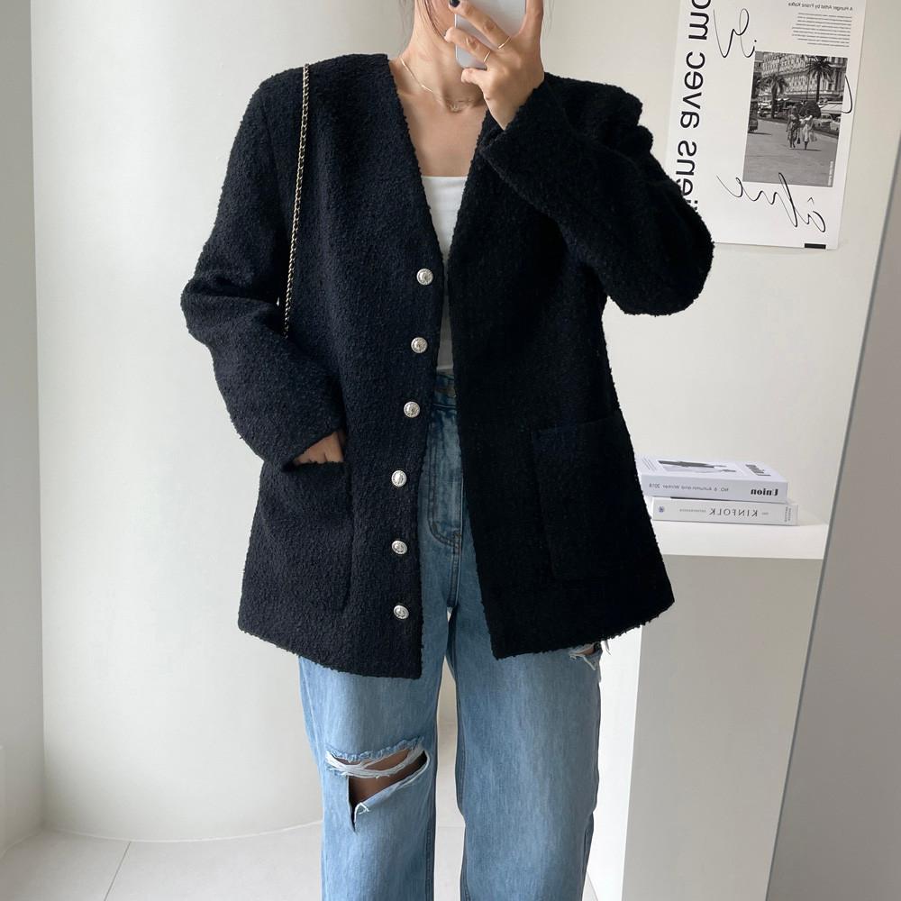 ウールツイードジャケット ノーカラー Vネック オーバーフィット ジャケット アイボリー ブラック