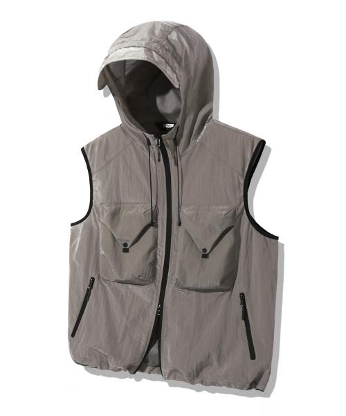 [TRILLION] ビッグポケット メタルナイロン フーディー ジップアップ ベスト [グレー] TRSJK12GR