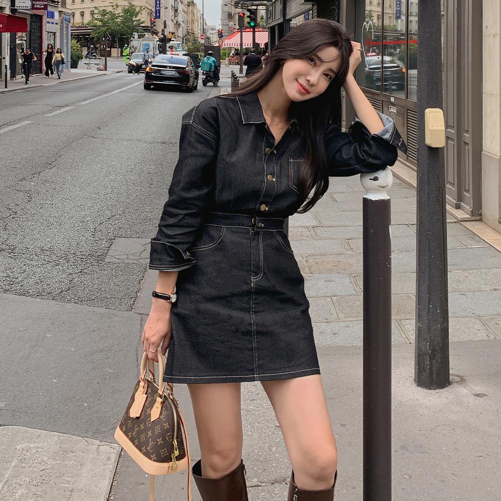 フェミニン 衿元 ブラックデニム ミニワンピース