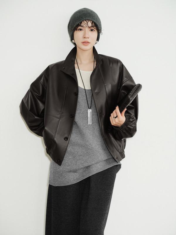 レディース LEME リアルラムスキン ボンバージャケット ルーズフィット デイリーレザージャケット アウター
