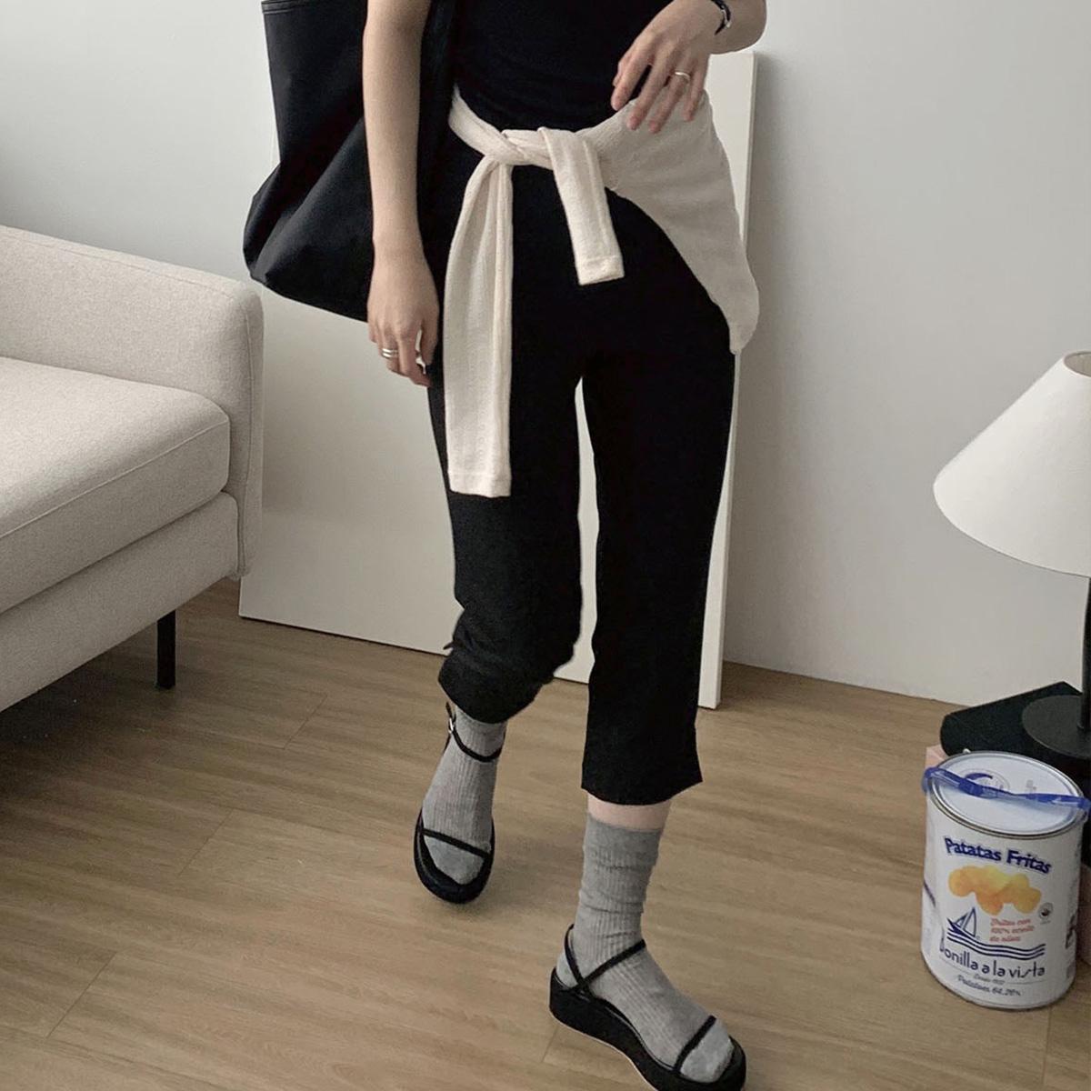 [自社制作/当日発送] カプリパンツ 7分丈 スリムフィット ハイウエスト スパン バミューダ スリット ショーツ (ブラック)