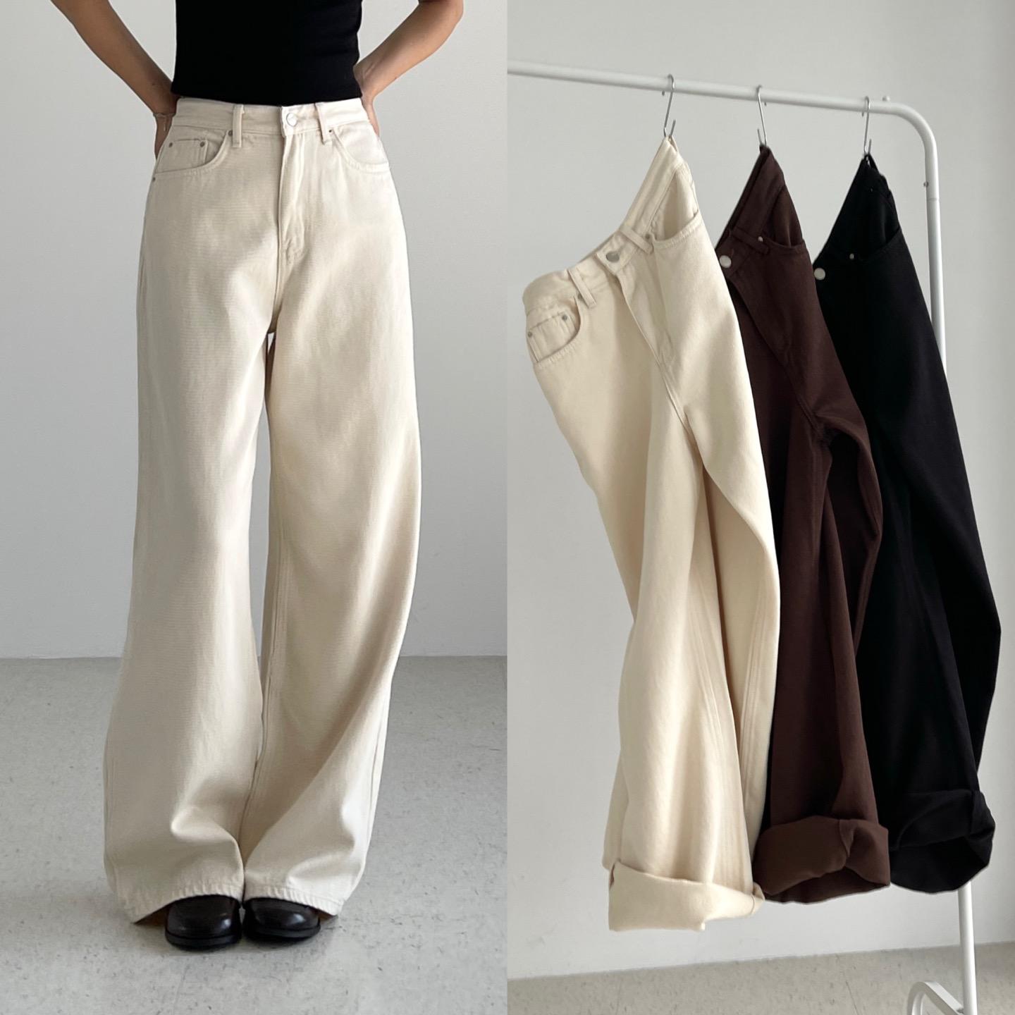 レディース ワイドパンツ 春 秋 しっとり 綿 コットン クリーム色 ブラウン ブラック レディース ストレート スラックス ワイドパンツ