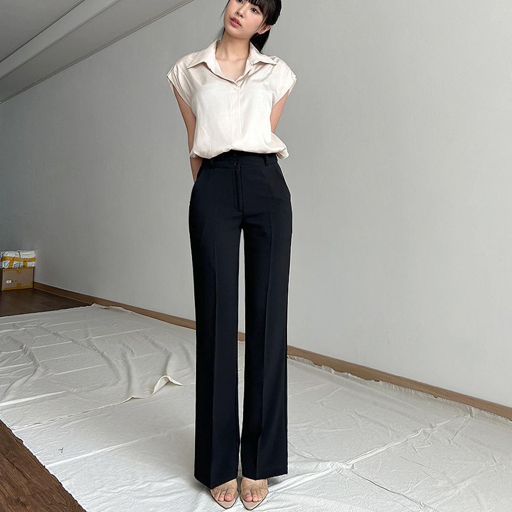 夏 クール 冷感 ツーボタン スリム ストレート ワイド ロング スラックス パンツ ストレート スーツパンツ 通勤ルック