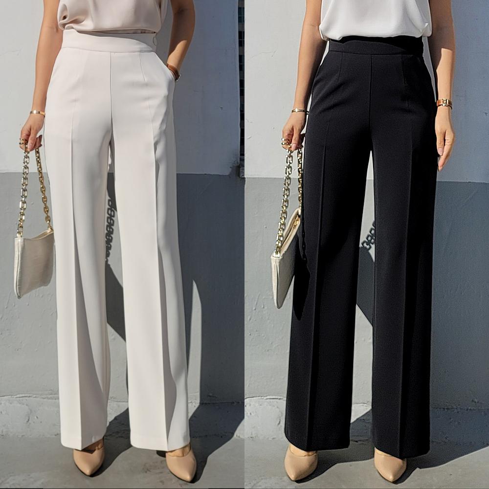 春 ブランドフィット ハイウエスト ホワイトスラックス ストレート ブーツカット セミワイドパンツ 女性スーツパンツ レディースワイドパンツ