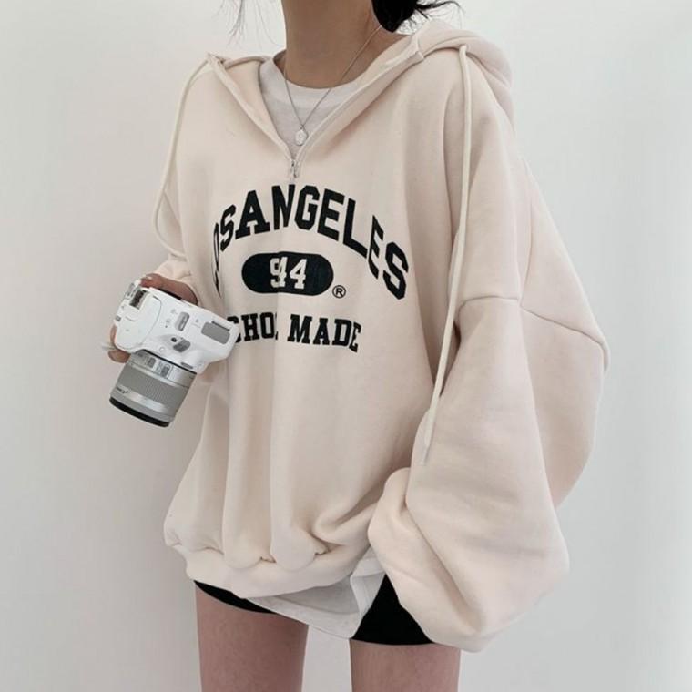 レディース ジップアップ ルーズフィット フーディー レタリング ハーフジップ オーバーフィット フーディー レディース トップス