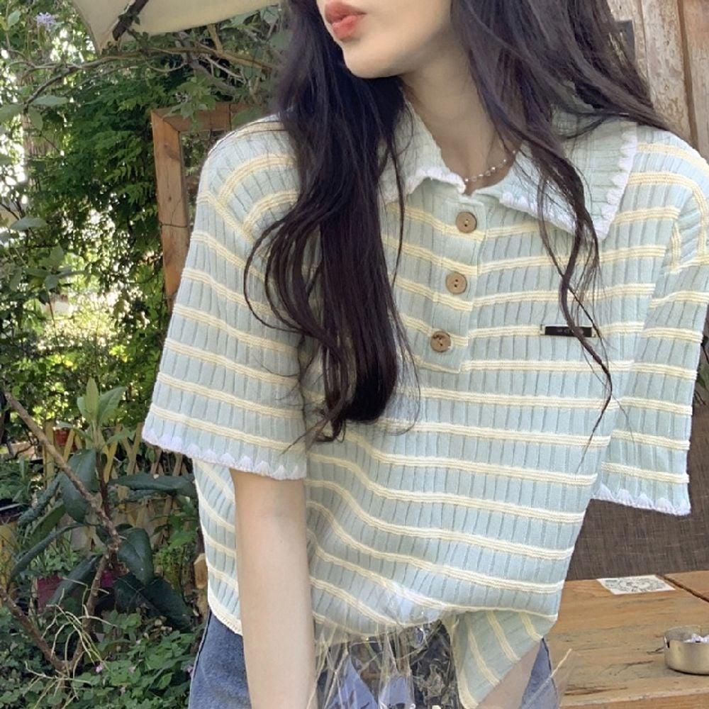 RIZPICK レディース カラーボタン 半袖 Tシャツ ストライプ 夏 トップス デイリールック