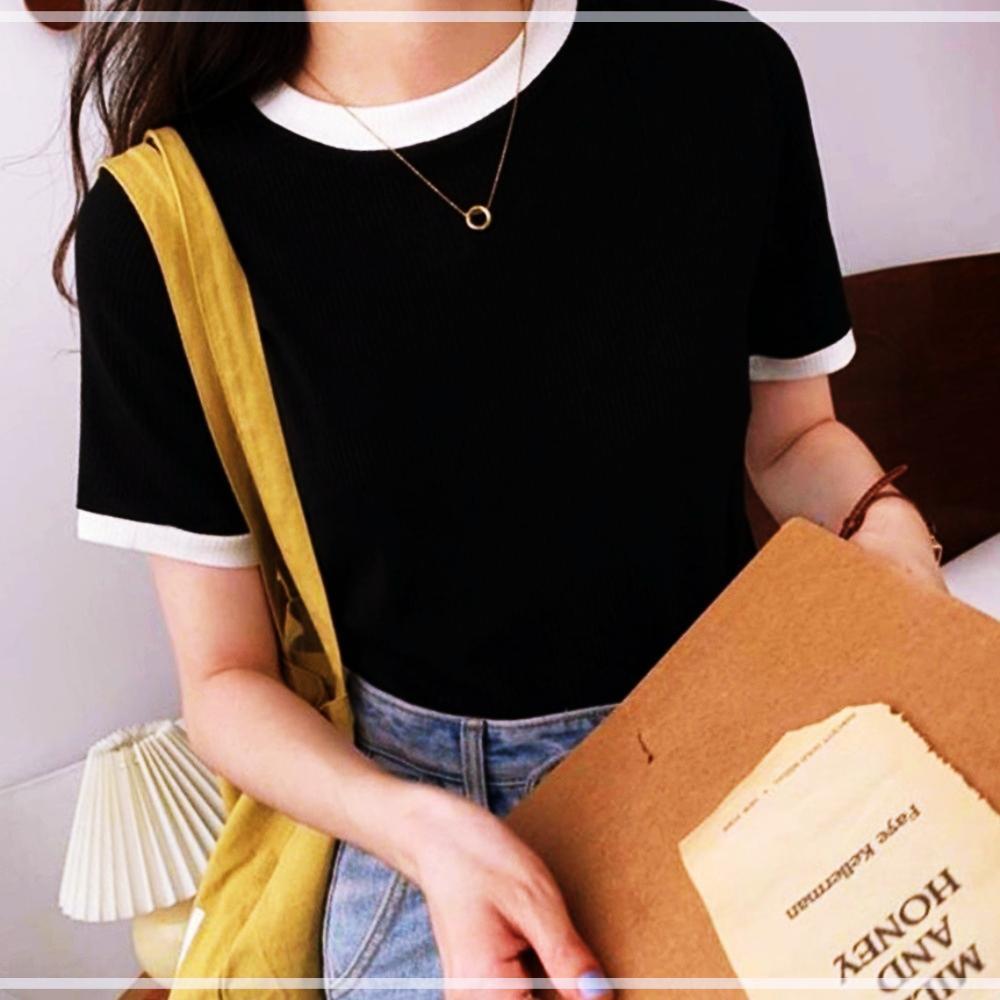 ラウンドカラー ブロックチェック半袖Tシャツ 春夏 デイリーTシャツ レディーストップス デイリールック 半袖トップス 3WE704C720