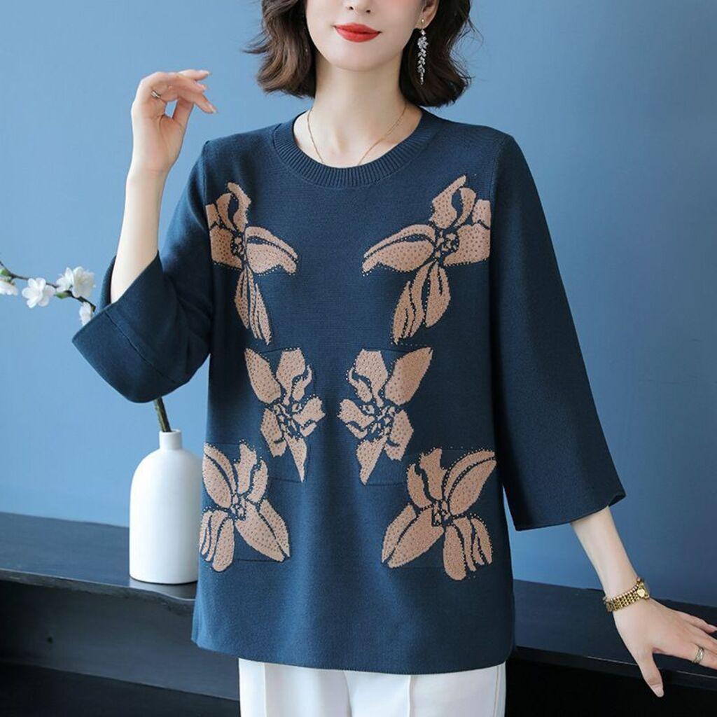 Sonokong レディース デイリールックTシャツ プリント 秋用 クーリングニットトップス 七分袖 KUK3