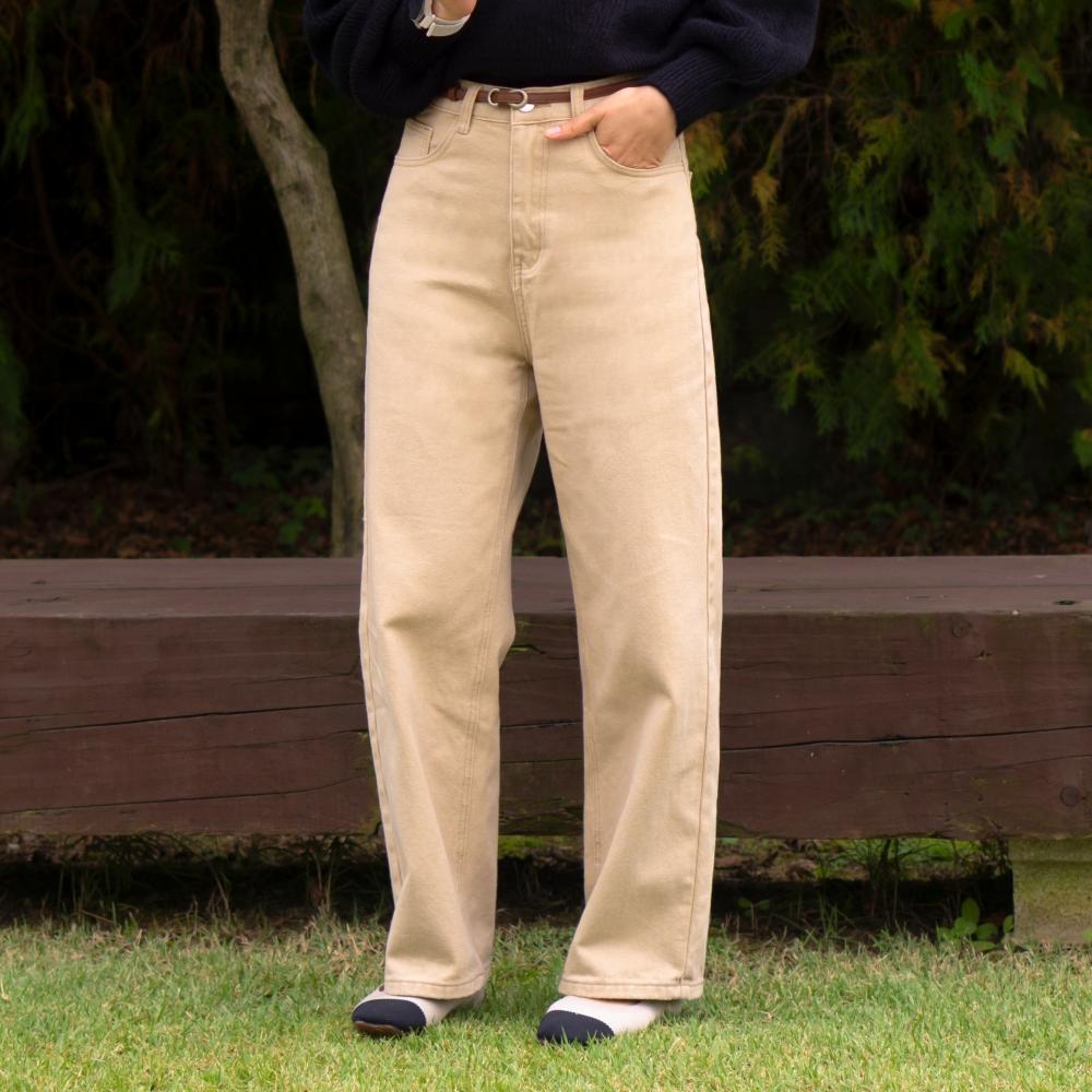 ベージュ コットンパンツ 低身長女子パンツ ベージュ ワイドパンツ ハイウエスト スラックス