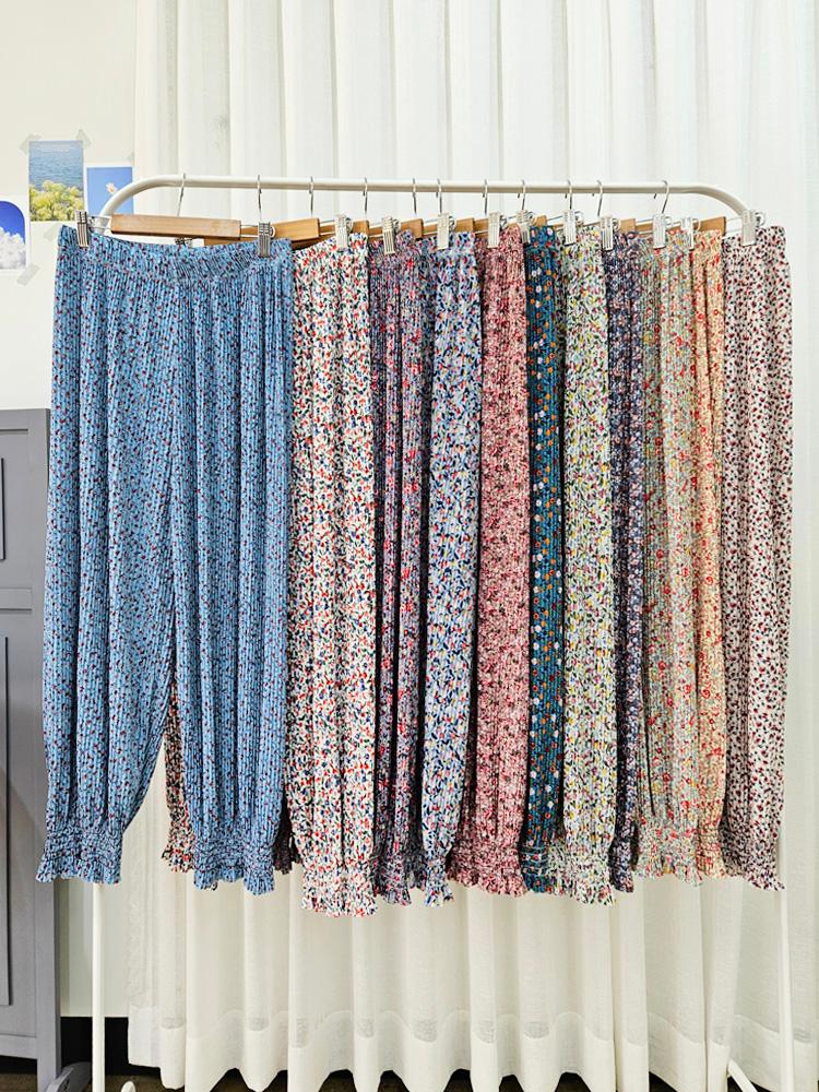 夏 花柄 バンド付き プリーツ ソーセージ ジョガーパンツ フラワー プリーツパンツ 旅行パンツ クールタッチ モンペパンツ 촌캉스