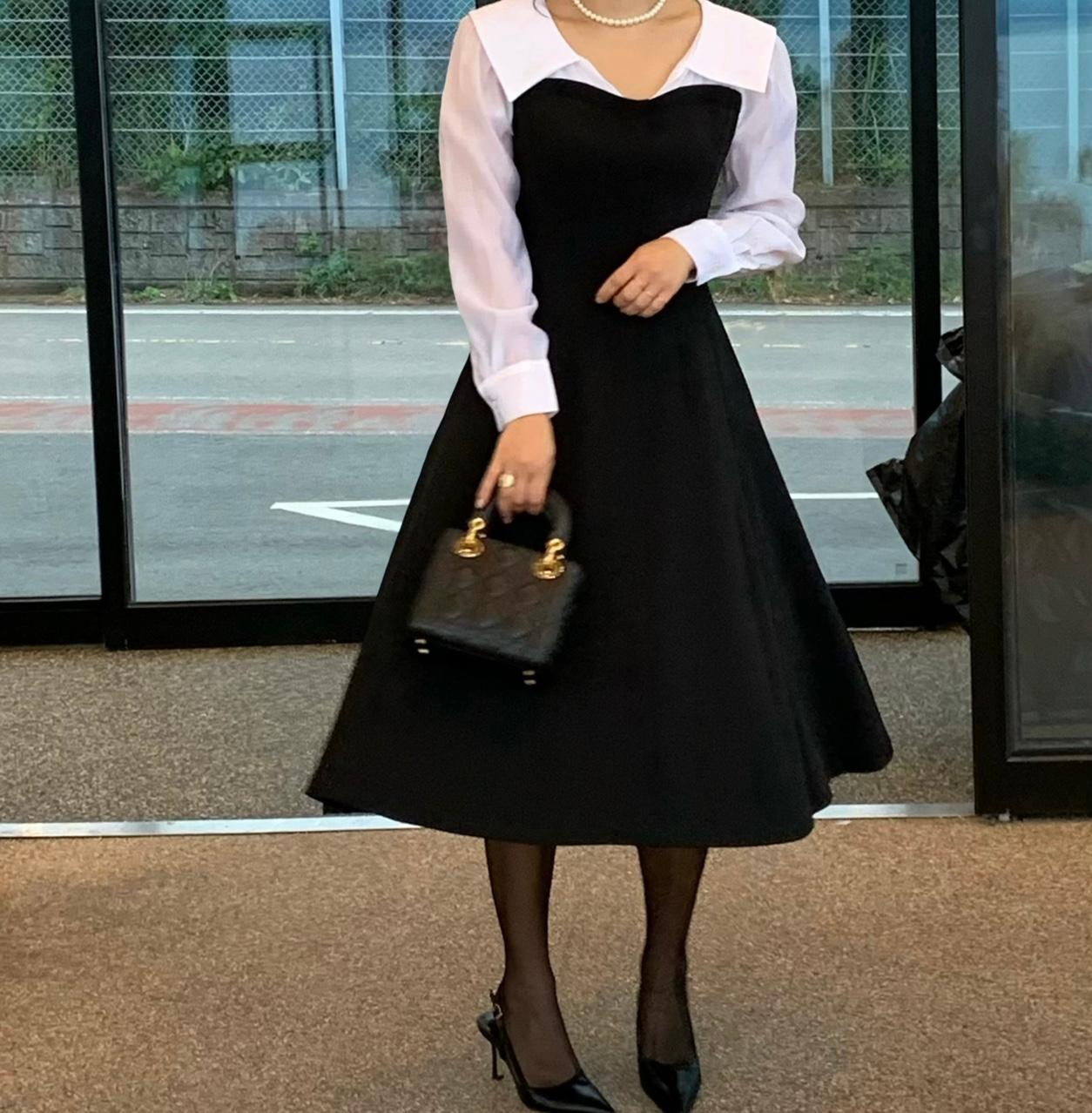 秋 結婚式ゲストルック シャツ カラーネック フレアゲストワンピース 88 デートルック