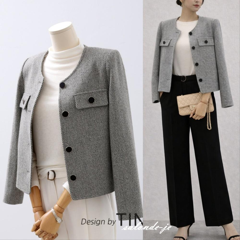 レディース 春 ツイードジャケット セミクロップ ノーカラー 長袖 スーツ ゲストルック ジャケット