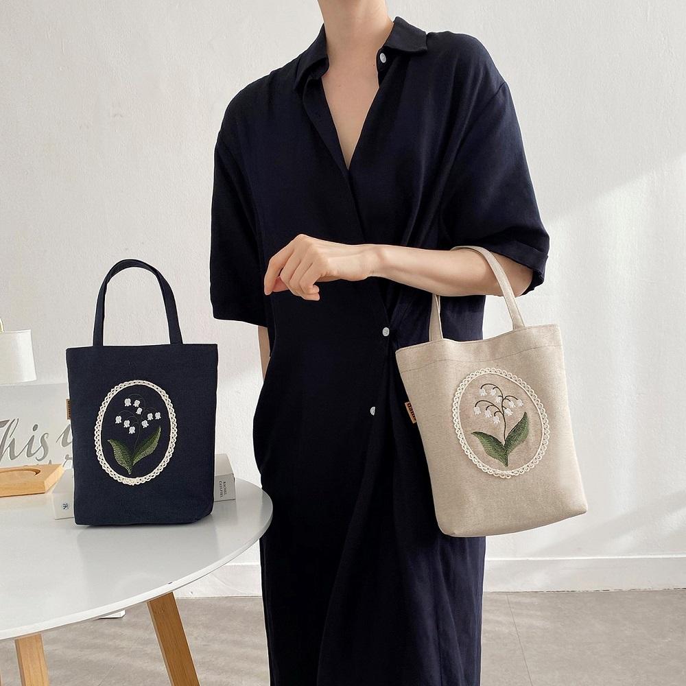 花刺繍 軽い ミニトートバッグ キャンバス ハンドバッグ 四角 タンブラーバッグ ママバッグ ギフト ナイロン生地 トートバッグ