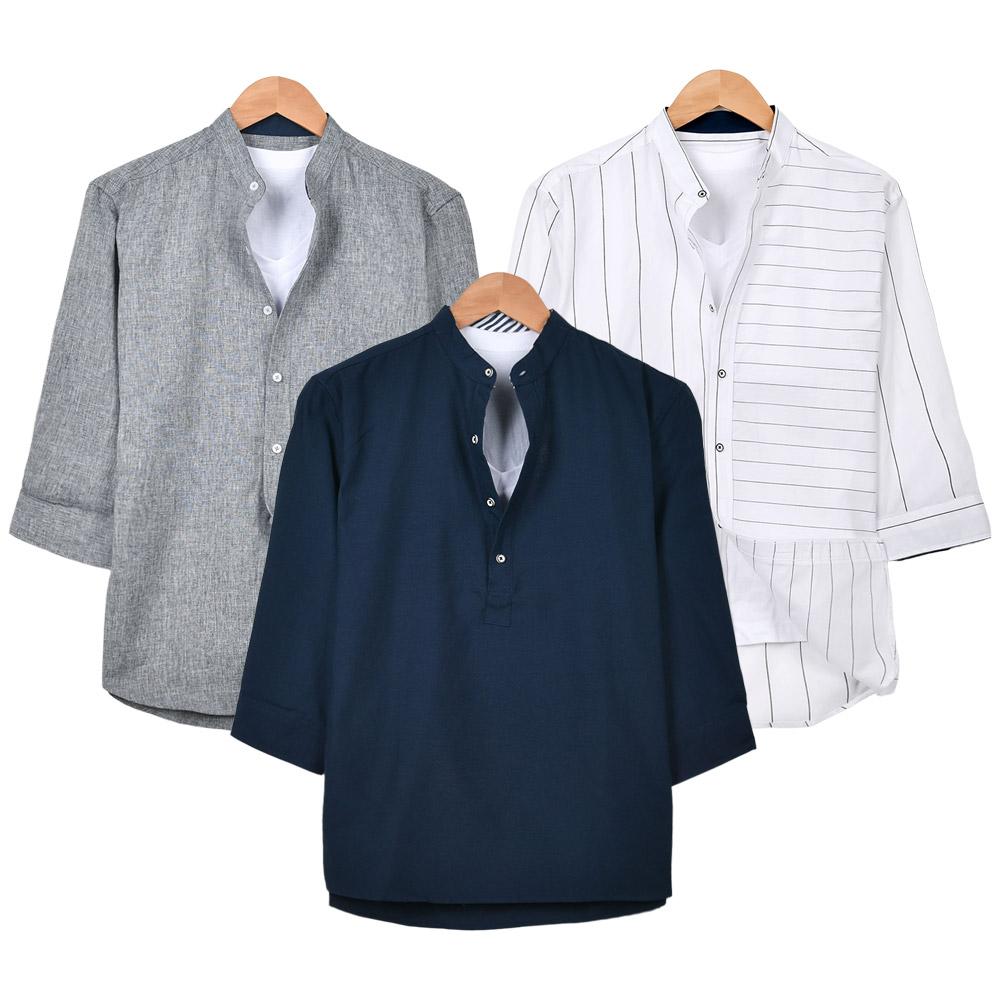 メンズ 夏 7分袖 Tシャツ デイリー チャイナカラー ビッグサイズ 3カラー