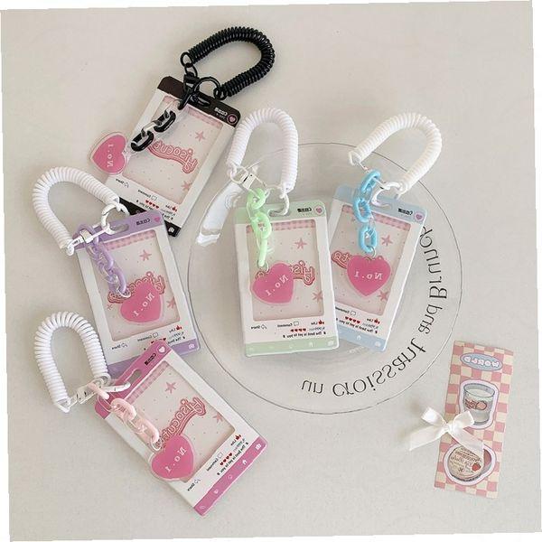 ハートチャーム フォトカードホルダー キーリング 透明スプリングコイル ネックストラップ アイドル グッズ 収納ケース