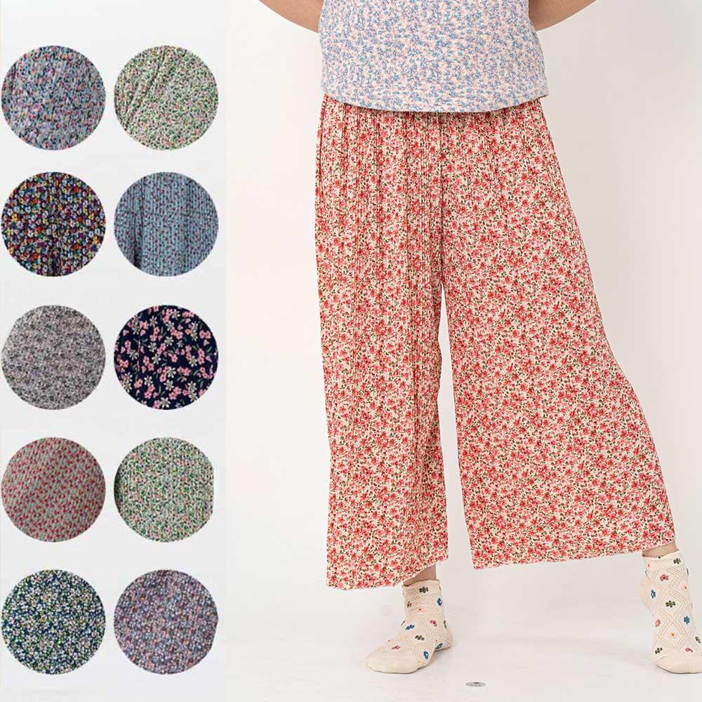 冷蔵庫パンツ ウエストゴム プリーツ ゆったりパンツ 花柄 ワイド ママ・おばあちゃん用 촌캉스（村のバカンス）バンディングパンツ
