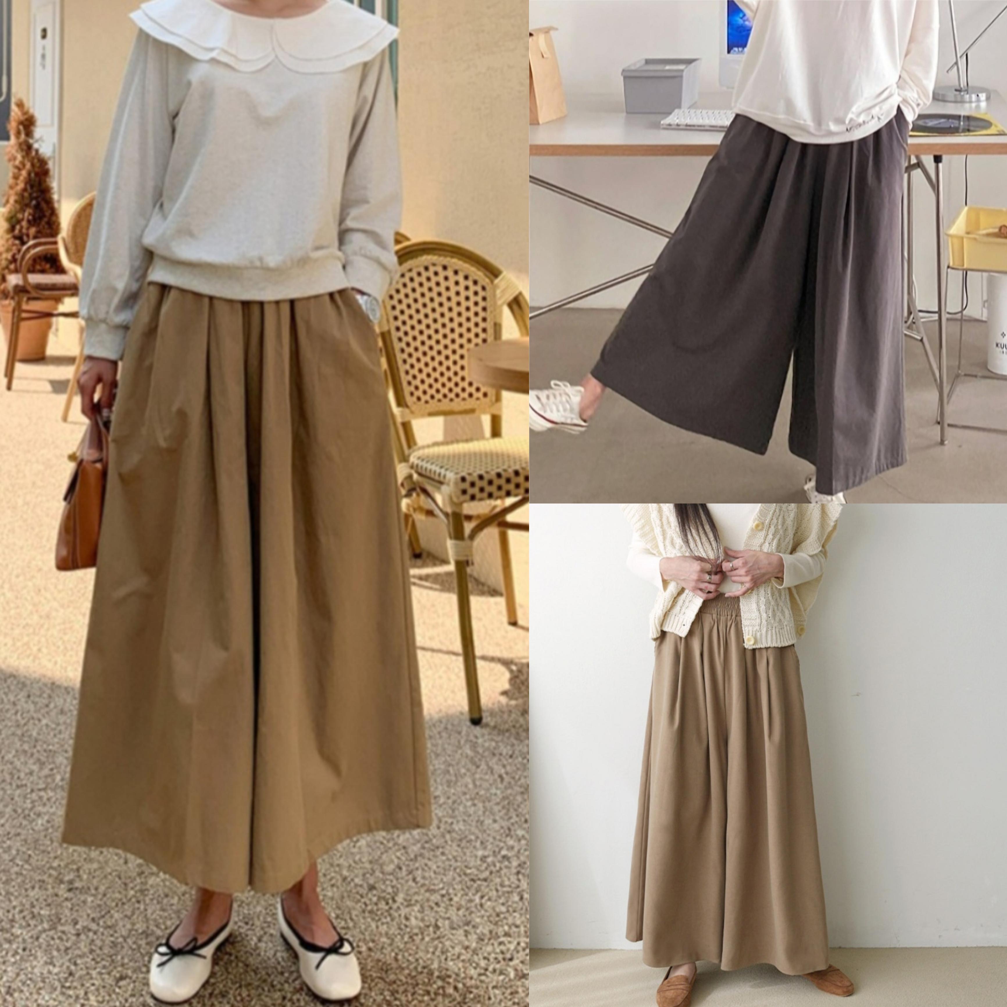 春 季節の変わり目 ビッグサイズ ワイドパンツ ロングスカートパンツ コットン バンディングパンツ スエード セーム革 찰랑(さらさら) ワイドパンツ