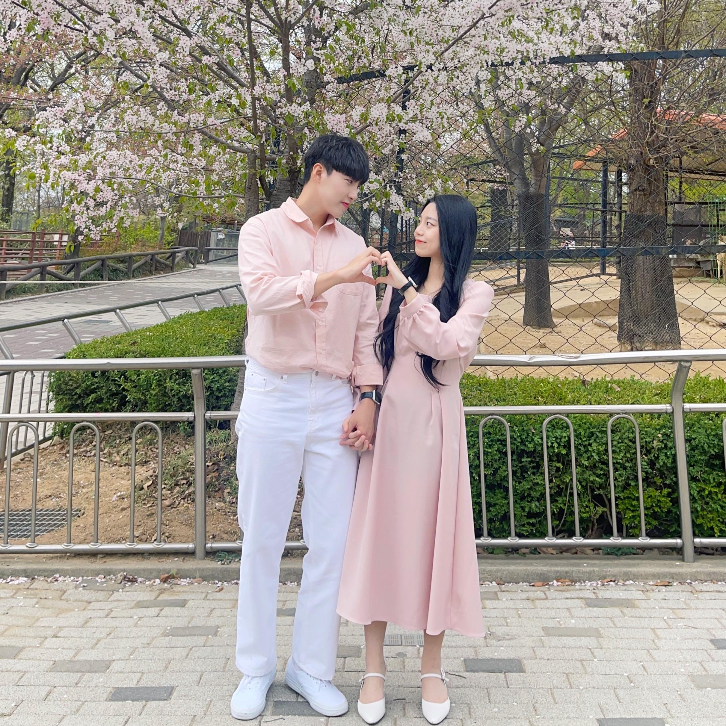 ピンク チューリップ スクエアネック ロングワンピース 春 桜 済州島 新婚旅行 カップル シミラールック