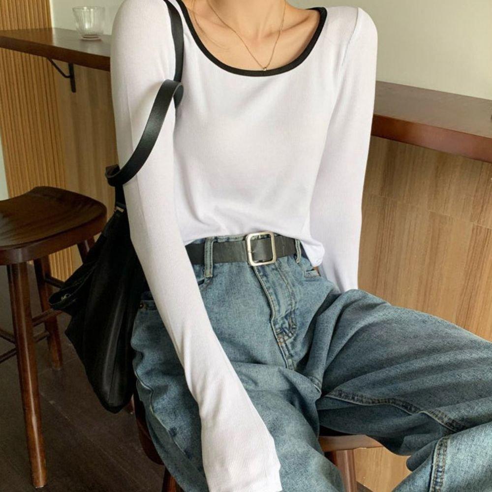 レディース トップス、デイリー、ネックライン配色、長袖Tシャツ、クロップT、長袖T