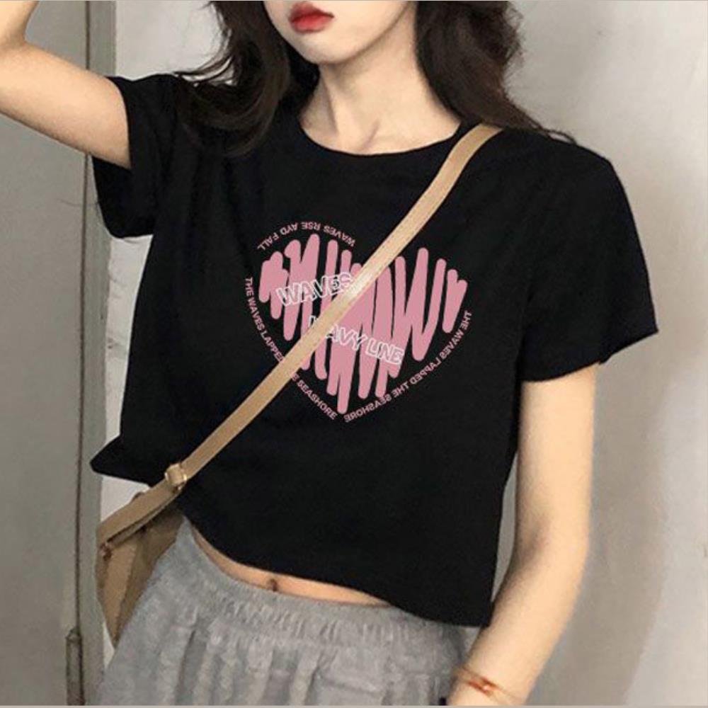 ハートプリントクロップ半袖Tシャツ、レディースカジュアルトップス、デイリールック