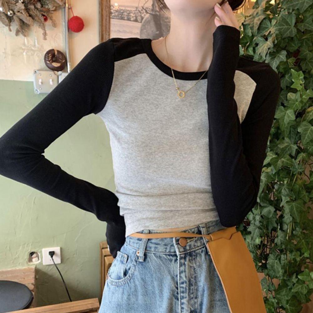 クロップ長袖Tシャツ、クロップ長袖T、配色、2カラー、レディースクロップT