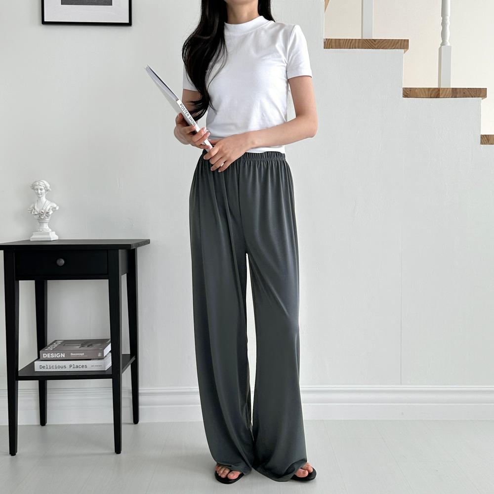 レディース ワイドパンツ、冷蔵庫パンツ、夏、ゴムウエスト、バンディング、サラサラワイドパンツ、ベーシックロング