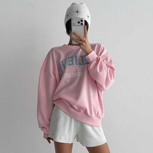 裾フレア レディース 春トップス 新学期ルック レタリング 配色 オーバーフィット ピンク トレーナー