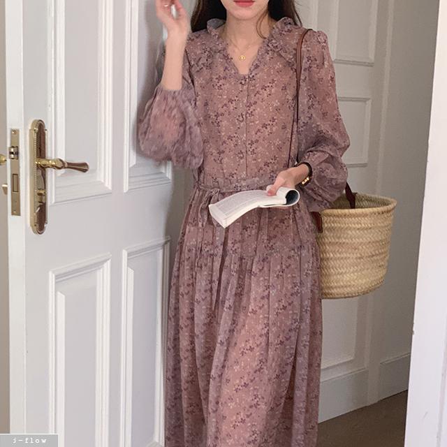 PSY (프시) フリルVネック フラワー ウエストリボン シフォンロングワンピース 2色展開 秋 春 マキシ丈 ボタン バンド付き J-FLOW
