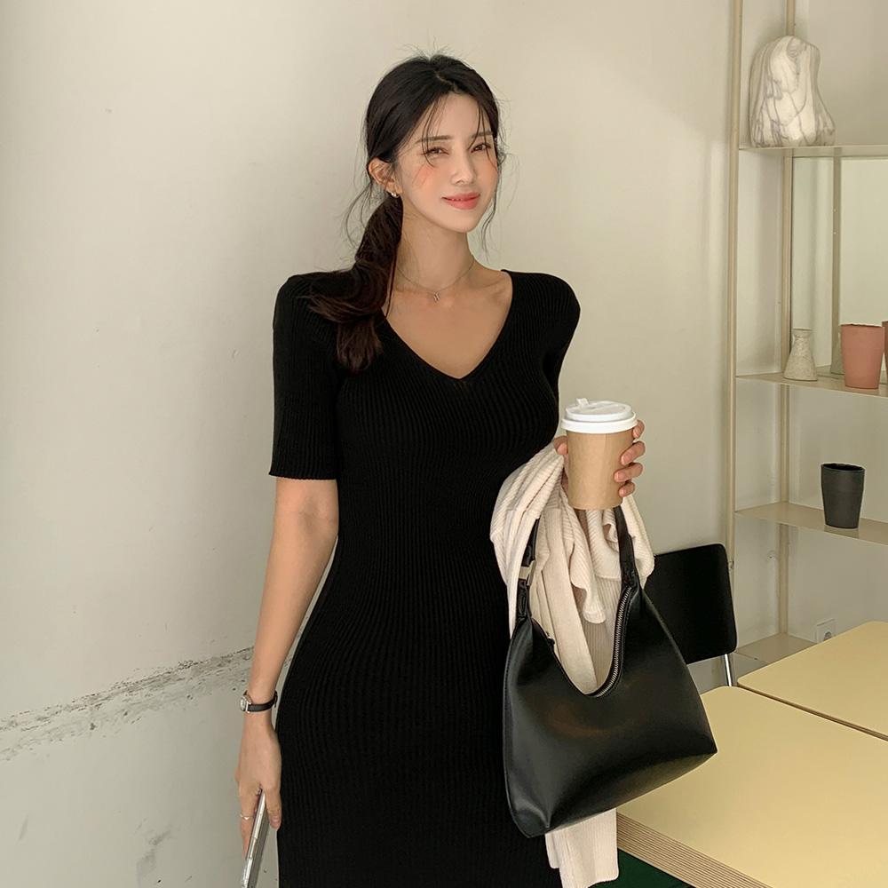 こなれ感 Vネック リブニット 半袖ロングワンピース