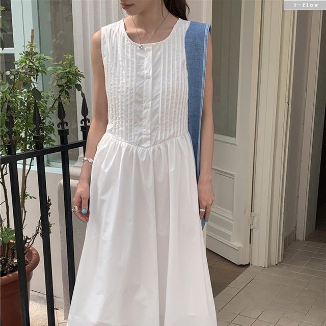 TELLME (텔미) ピンタックプリーツ ラウンドネック ノースリーブ ボタン コットンロングワンピース 1色展開 春 夏 シャツ キャミ J-FLOW