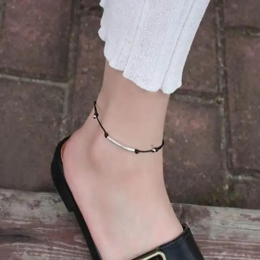 夏 シンプル ファッション ロープ アンクレット レッド シルバー コンビ デイリーコーデ 愛らしい アンクレット 軽量 アクセサリ メンズ ロープ