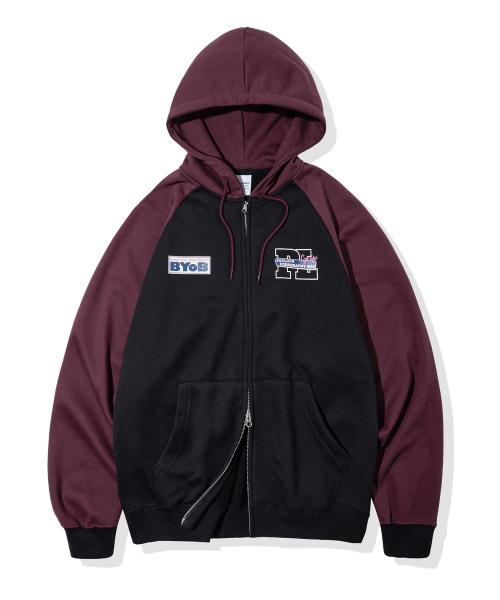 [코드그라피] ラグランスリーブ配色フーデッドジップアップ_ブラック CBDWUTC001BK