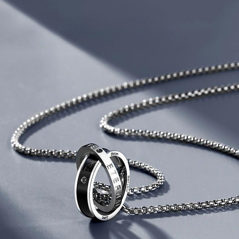 メンズ ヒップホップ チタン スティール ネックレス リング ペンダント スタイル チェーン ネックレス カジュアル アクセサリー ワンサイズ チタン スティール ダブルフープ ネックレス - 60CM