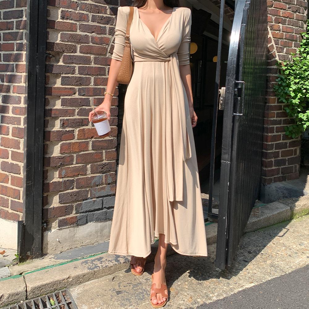 フェミニン Vネック ショルダーパッド マキシ ラップ ロング ワンピース